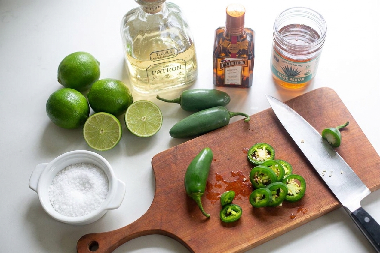 Tequila, fresh limes, orange liqueur, agave nectar, and jalapeños arranged on a neutral kitchen counter with a small dish of salt