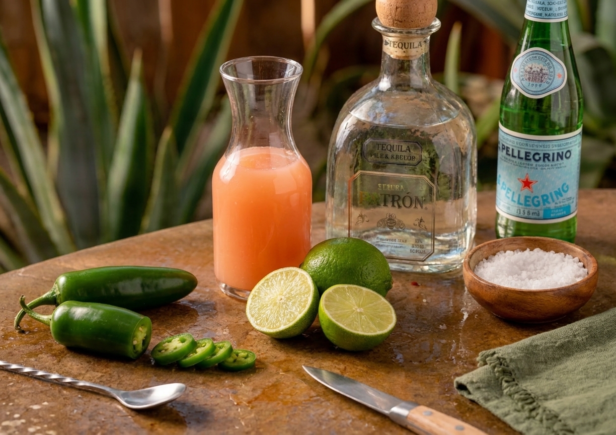Tequila, grapefruit juice, limes, jalapeño, sparkling water, and a small dish of salt arranged on a clean kitchen counter