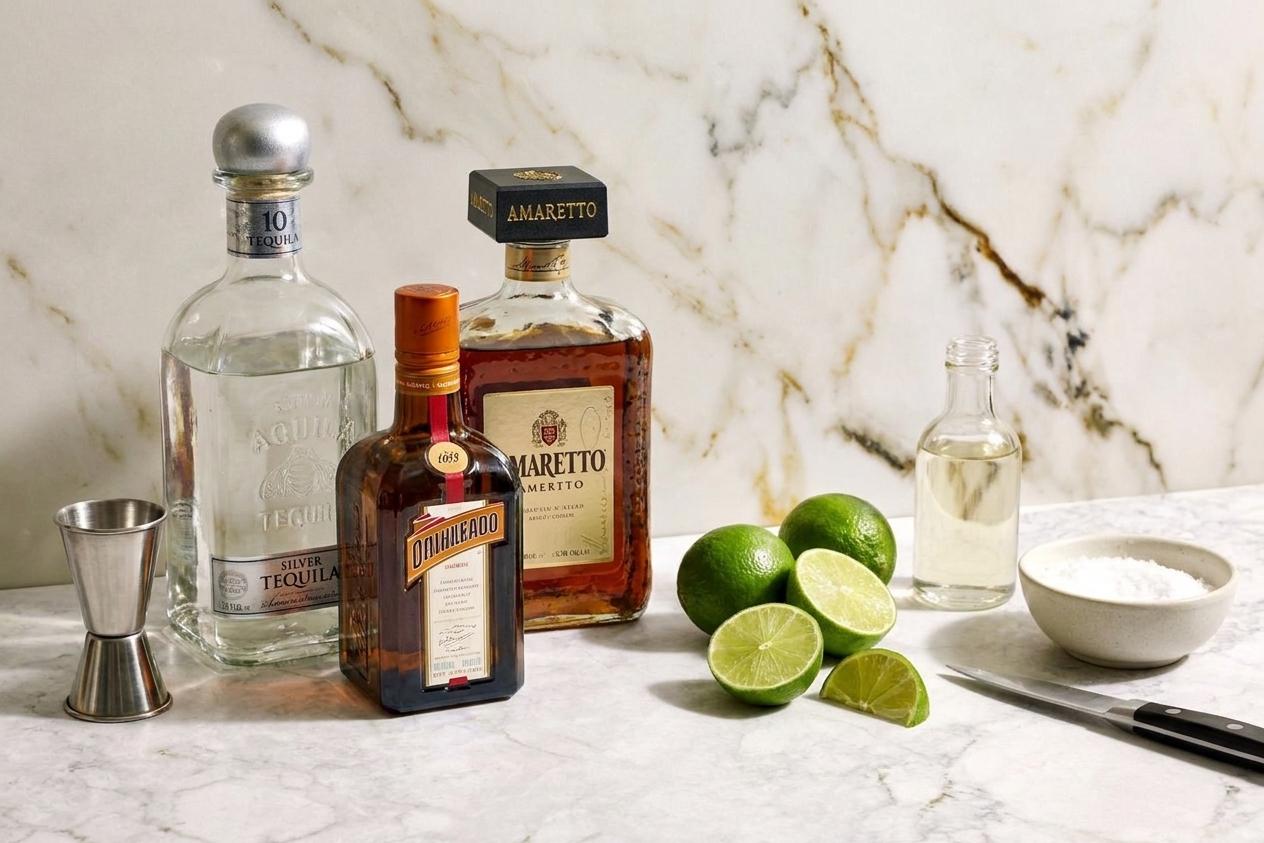 Tequila, orange liqueur, amaretto, fresh limes, simple syrup, and a small bowl of kosher salt arranged together in a home kitchen
