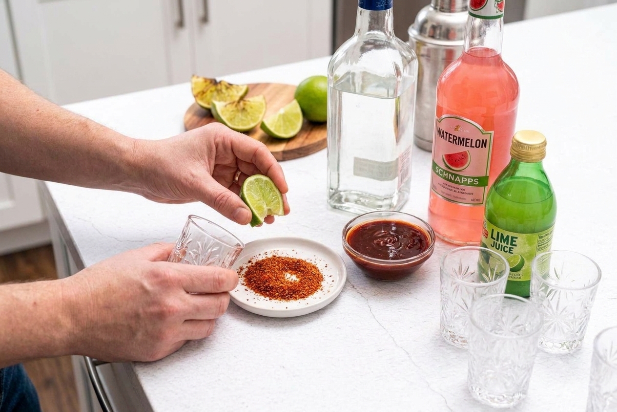Tequila, watermelon schnapps, lime juice, Tajín seasoning, chamoy, and small shot glasses arranged on a kitchen counter