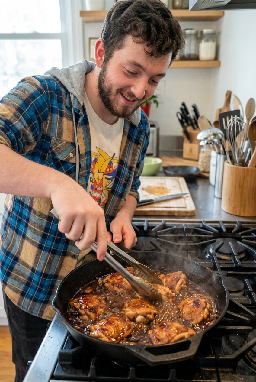 Teriyaki chicken in a skillet being turned with tongs as the sauce bubbles and thickens