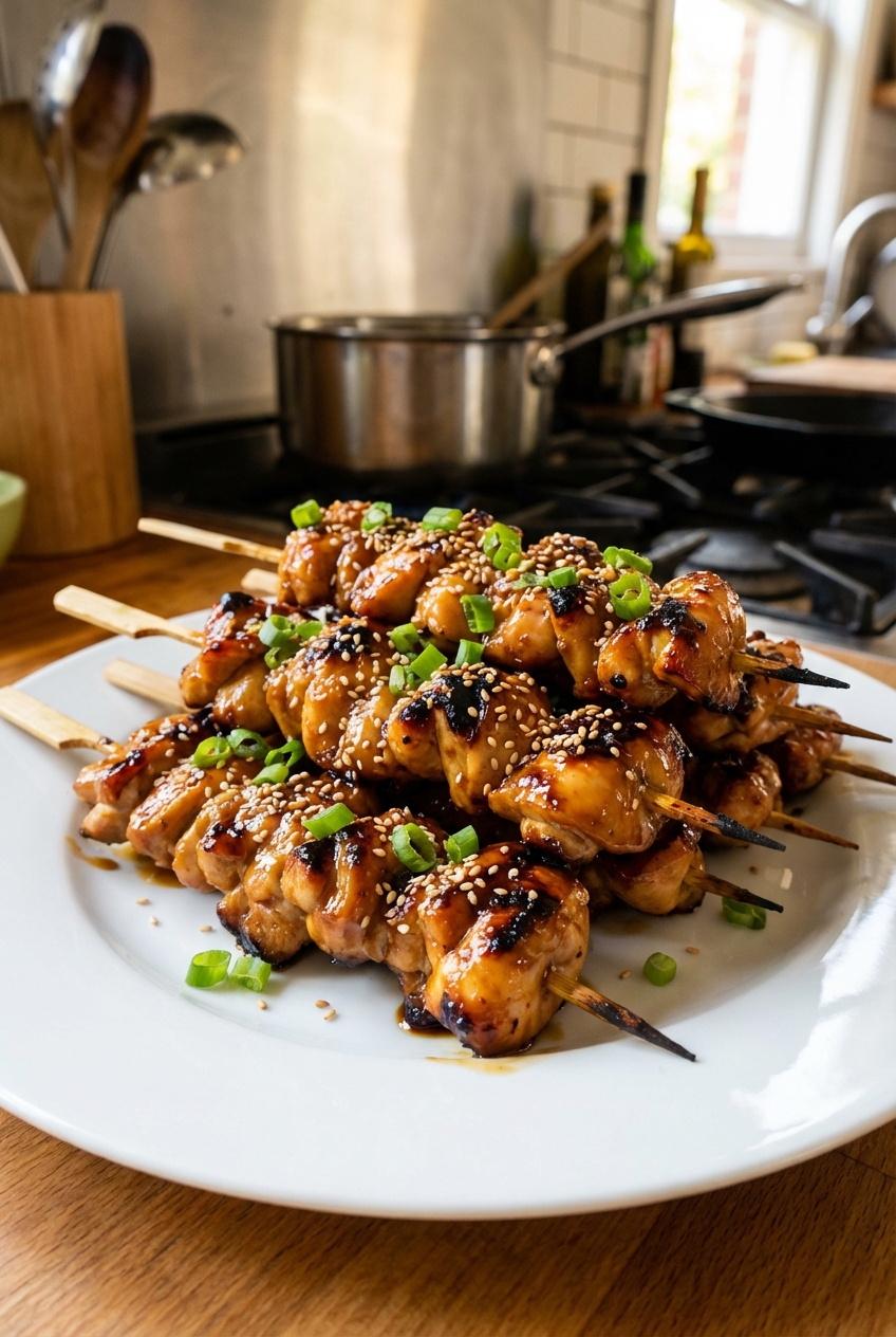 Teriyaki chicken skewers with a glossy glaze on a plate