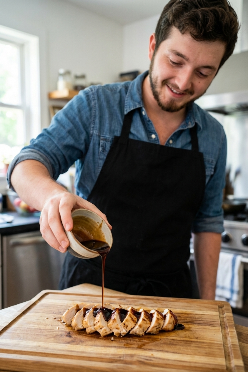 Teriyaki sauce being poured from a small bowl onto sliced chicken on a cutting board