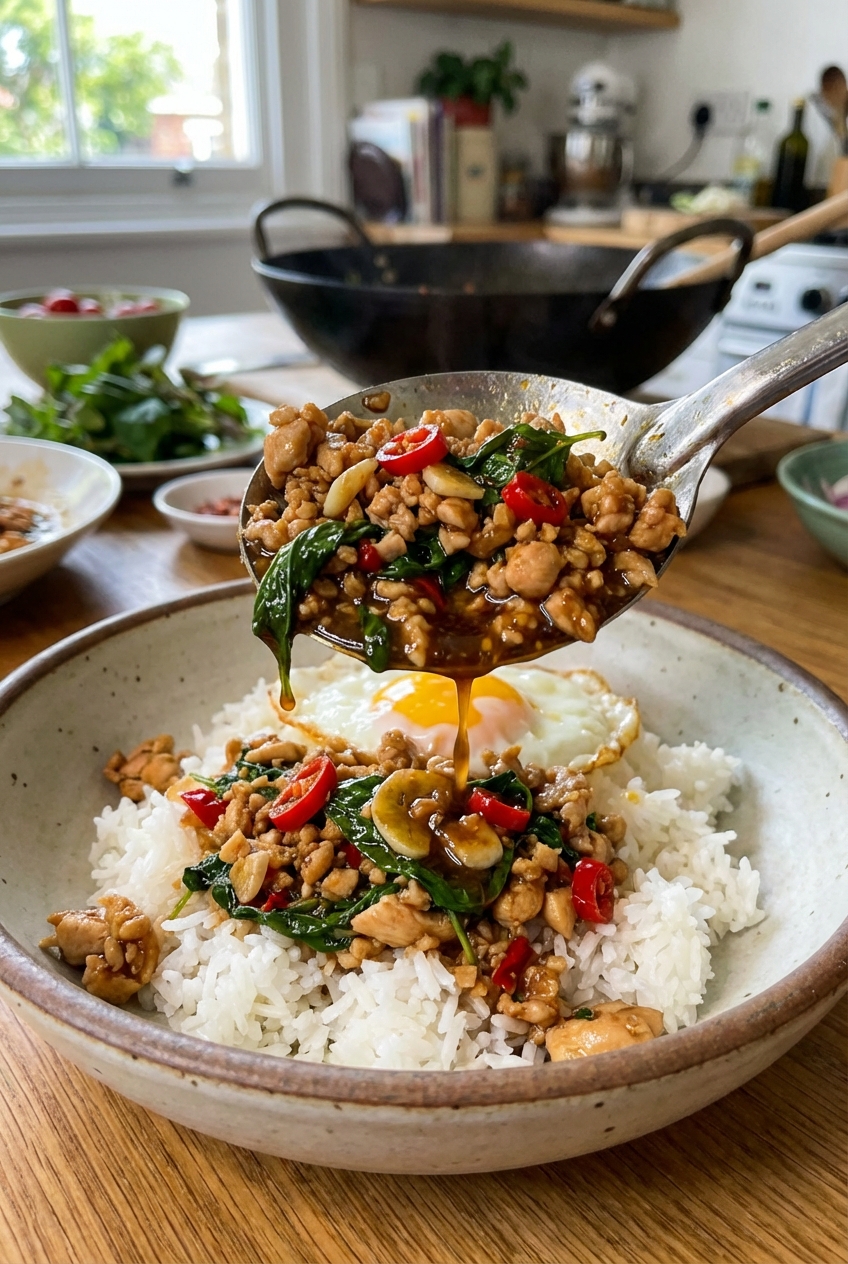 Thai basil chicken being spooned over jasmine rice in a bowl with a glossy sauce