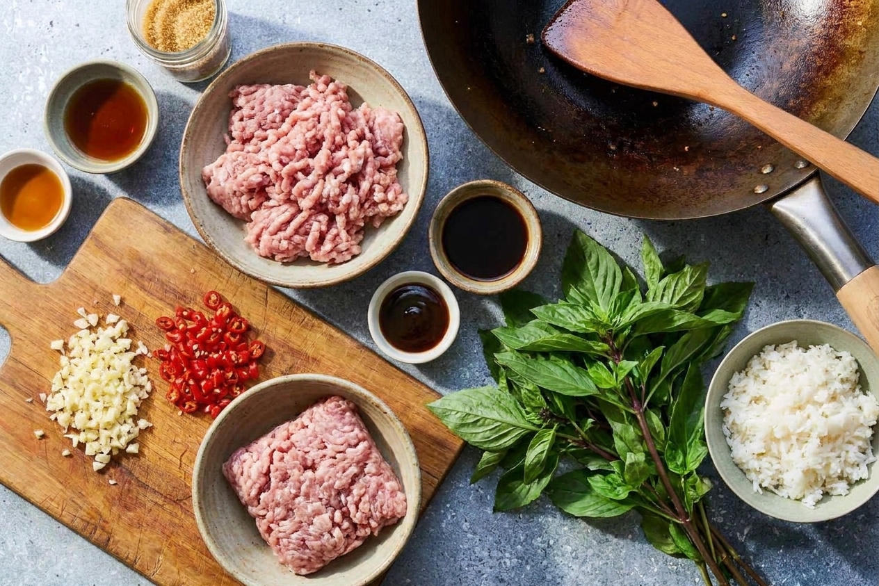 Thai basil, ground pork, garlic, red chiles, fish sauce, soy sauce, oyster sauce, sugar, and a bowl of cooked jasmine rice arranged on a kitchen counter