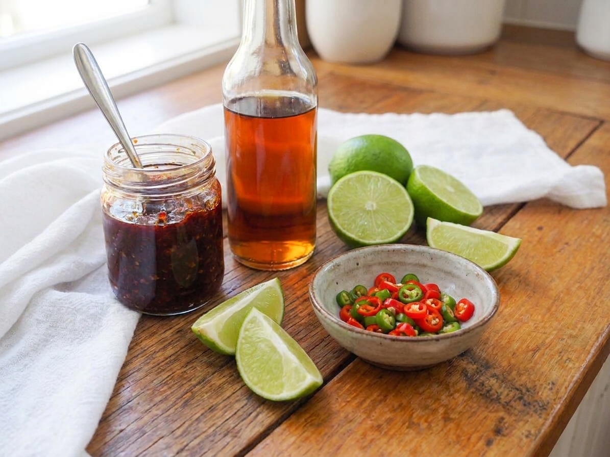 Thai chili paste, a fish sauce bottle, sliced limes, and a small bowl of sliced chilies on a kitchen counter