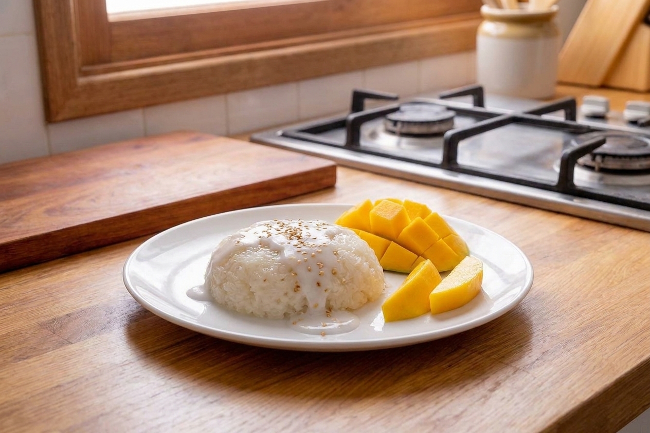 Thai mango sticky rice on a white plate with fanned slices of ripe mango, coconut sauce drizzled over the rice, and a small sprinkle of toasted sesame seeds on a light wood table in bright natural window light