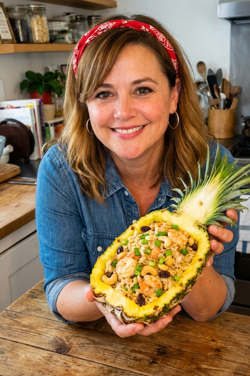 Thai pineapple fried rice with shrimp, cashews, raisins, and green onions served in a hollowed pineapple half on a wooden table