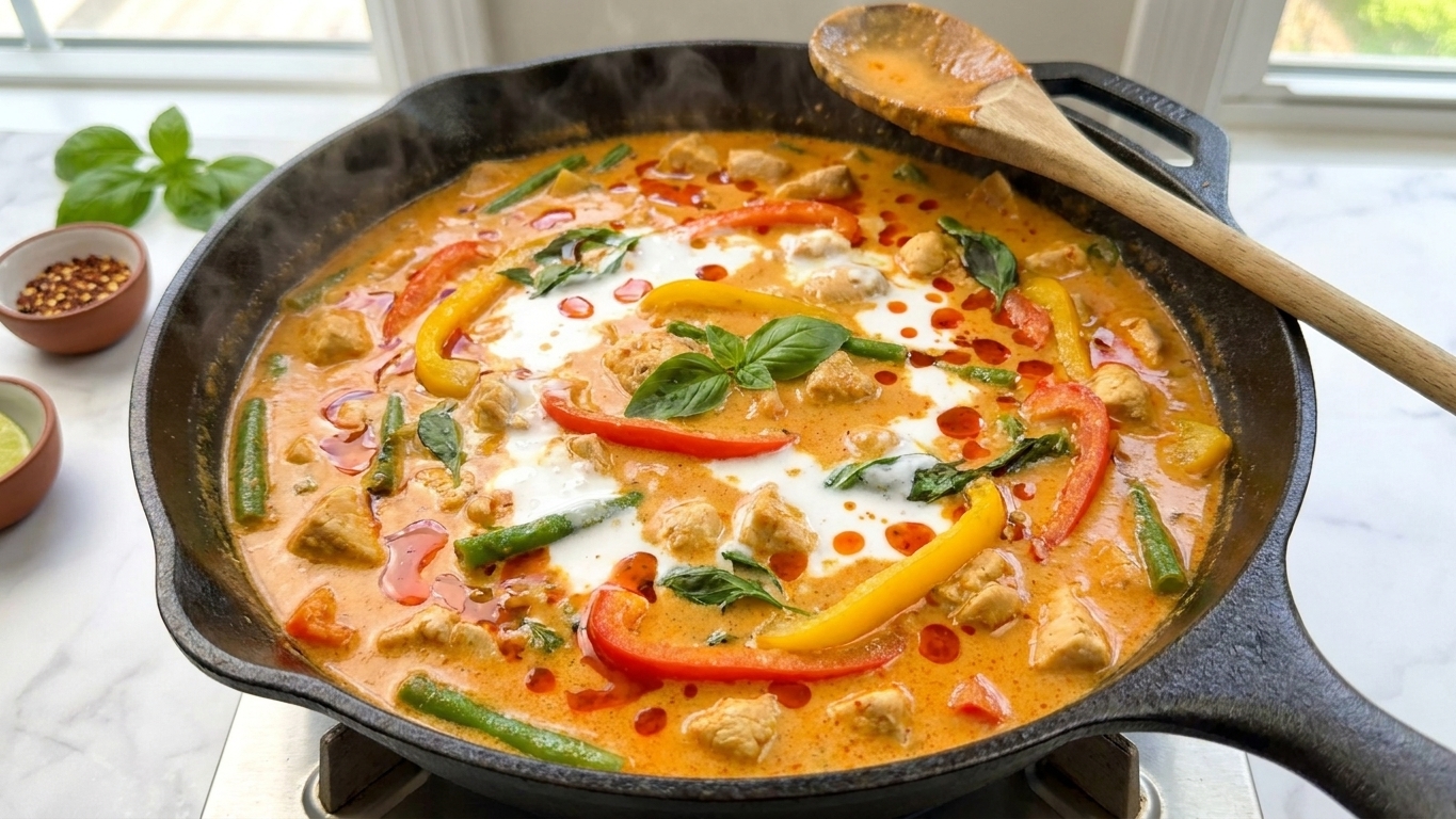 Thai red curry simmering in a deep skillet with coconut milk and red oil droplets on the surface, a wooden spoon resting on the rim