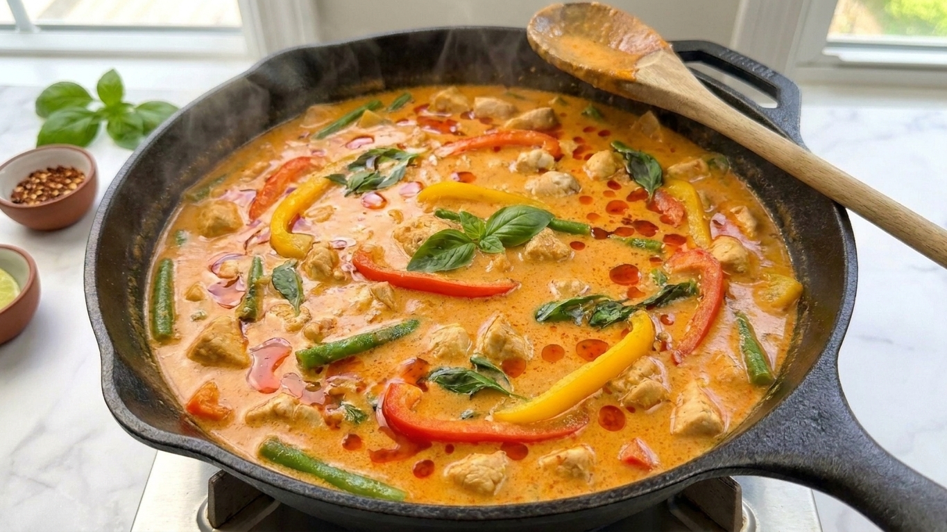 Thai red curry simmering in a deep skillet with coconut milk and red oil droplets on the surface, a wooden spoon resting on the rim