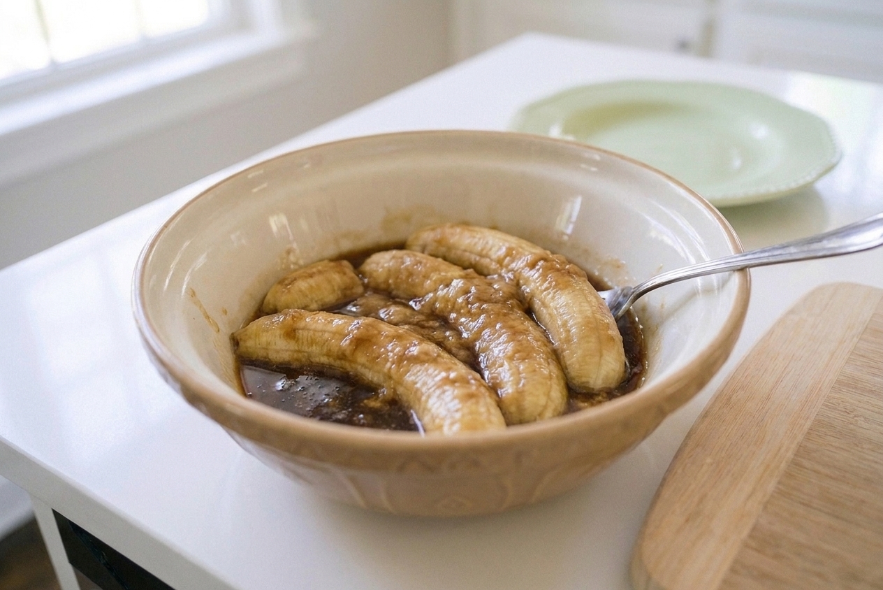 Thawed bananas in a bowl with some liquid pooling around them, ready to be mashed for baking