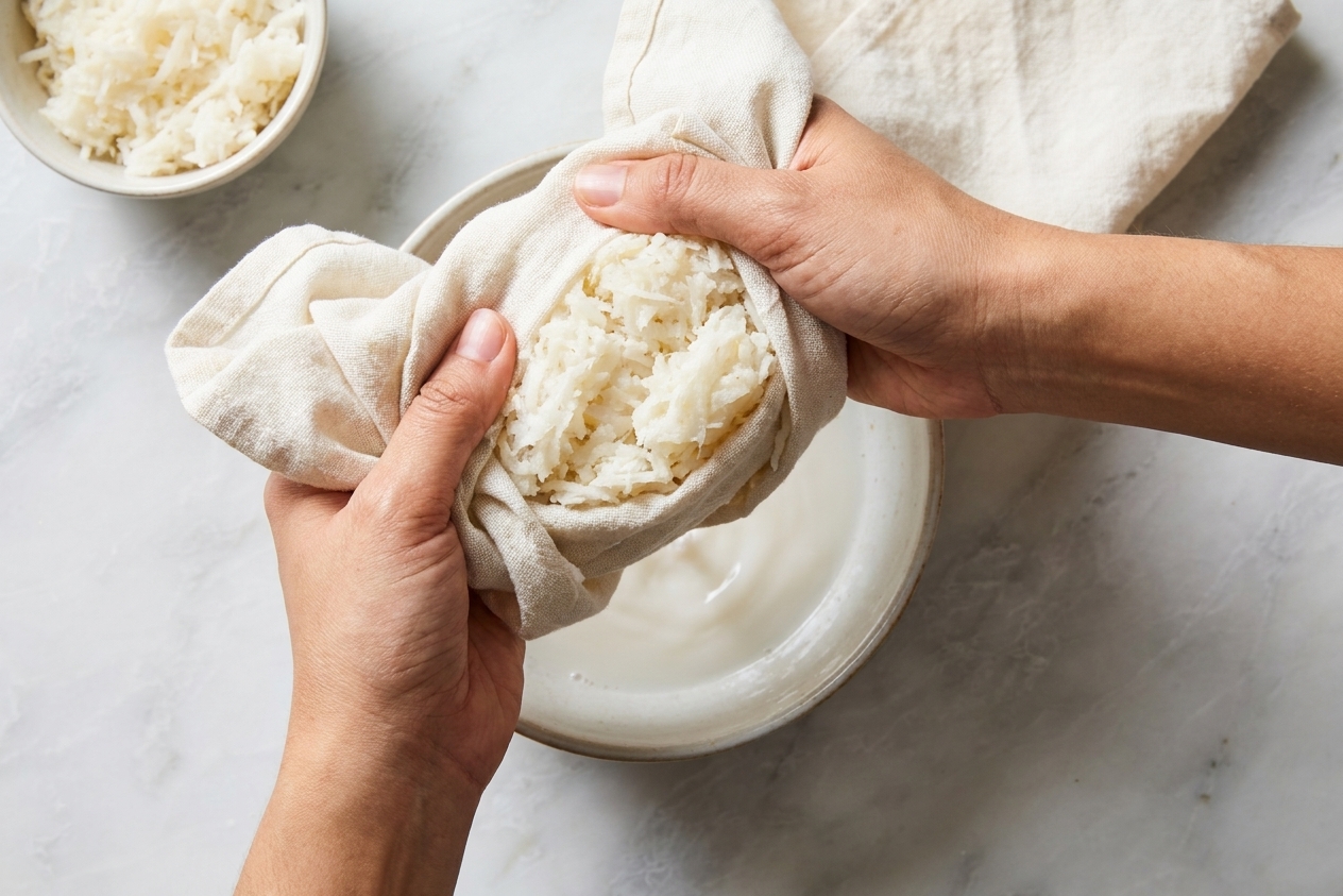 Thawed grated cassava gathered in a clean kitchen towel and squeezed over a bowl on a kitchen counter