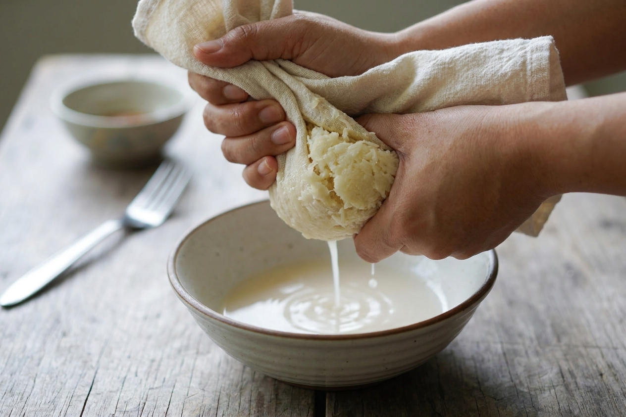 Thawed grated cassava gathered in a clean kitchen towel being squeezed over a bowl to remove excess liquid