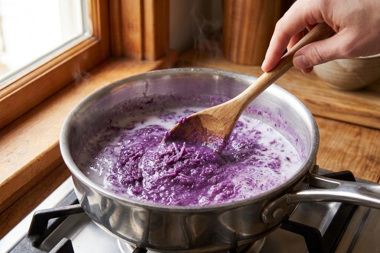 Thawed grated ube being stirred with coconut milk in a saucepan on a stovetop