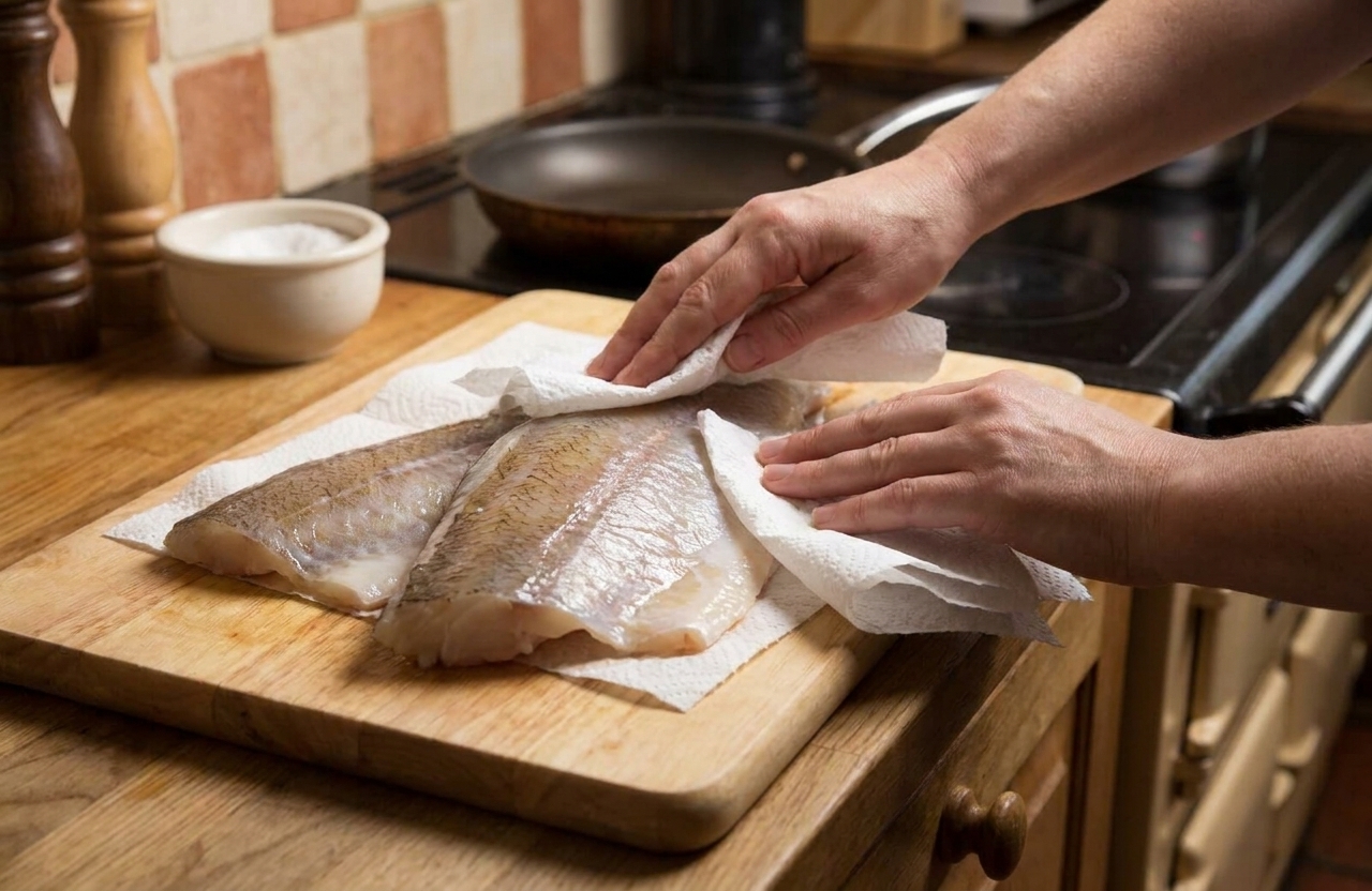 Thawed pollock fillets being patted very dry with paper towels on a cutting board in a home kitchen