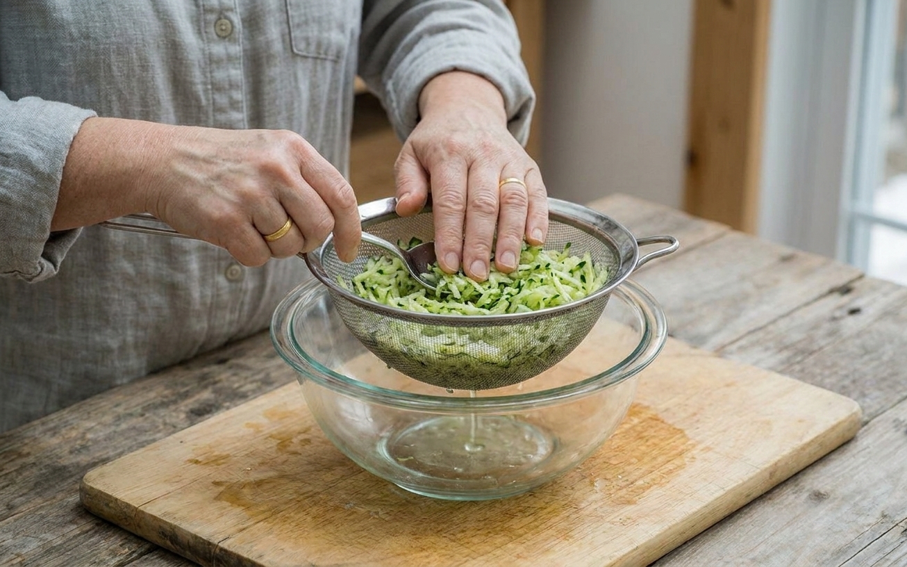 Thawed shredded zucchini draining in a fine-mesh strainer set over a bowl on a kitchen counter