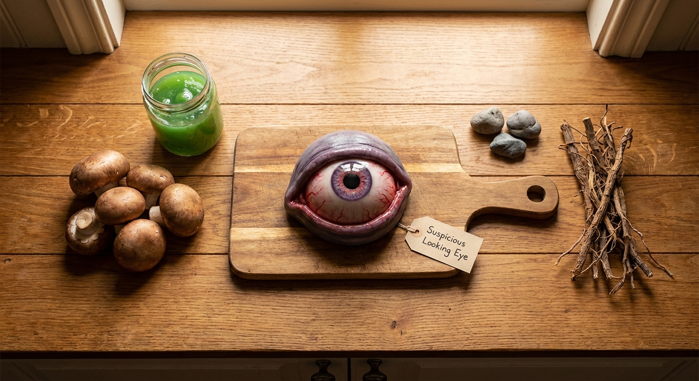 The Suspicious Looking Eye shown in Terraria with simple early-game materials nearby, framed like a tidy recipe setup.