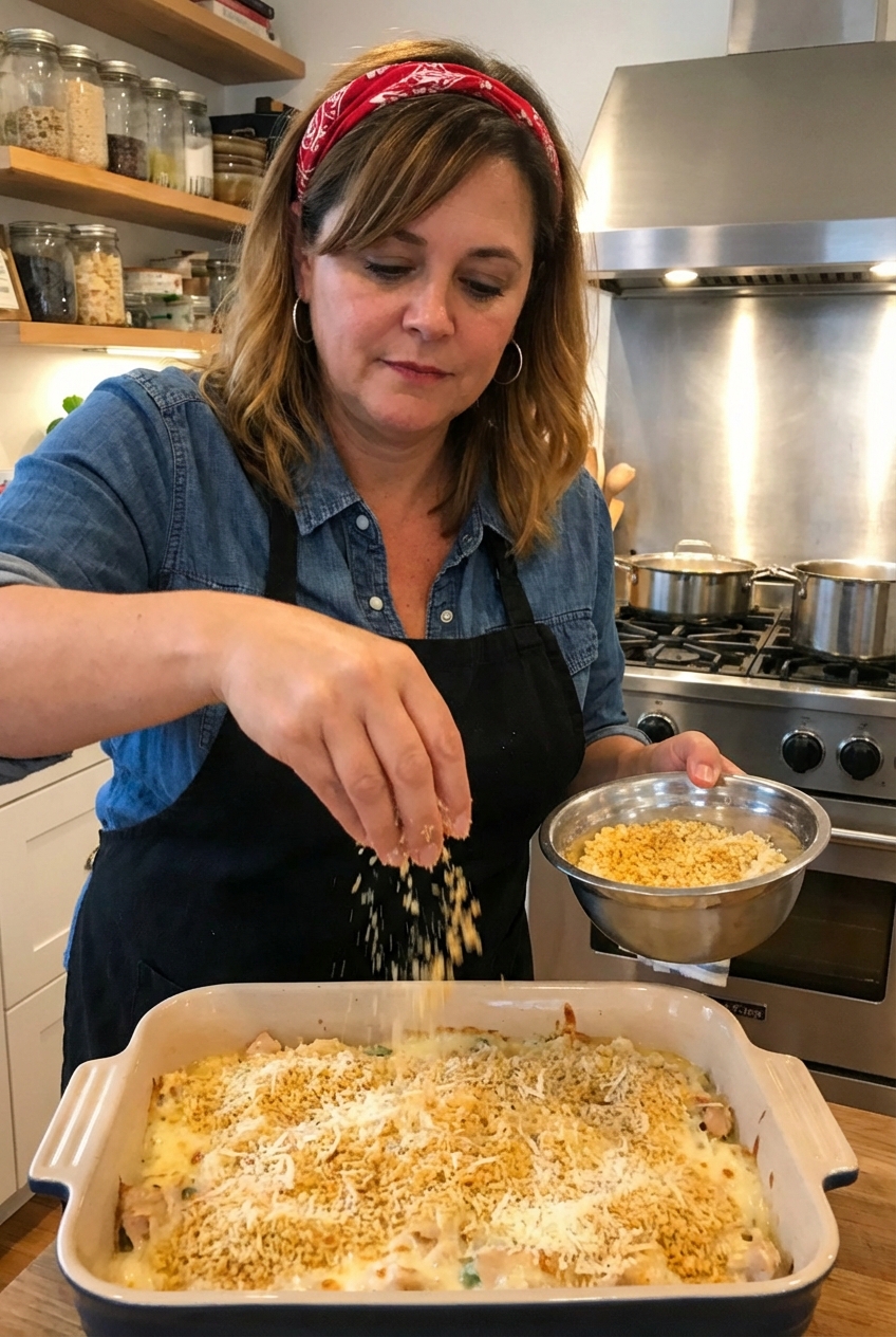 The chicken divan casserole being sprinkled with buttery panko and Parmesan topping before baking