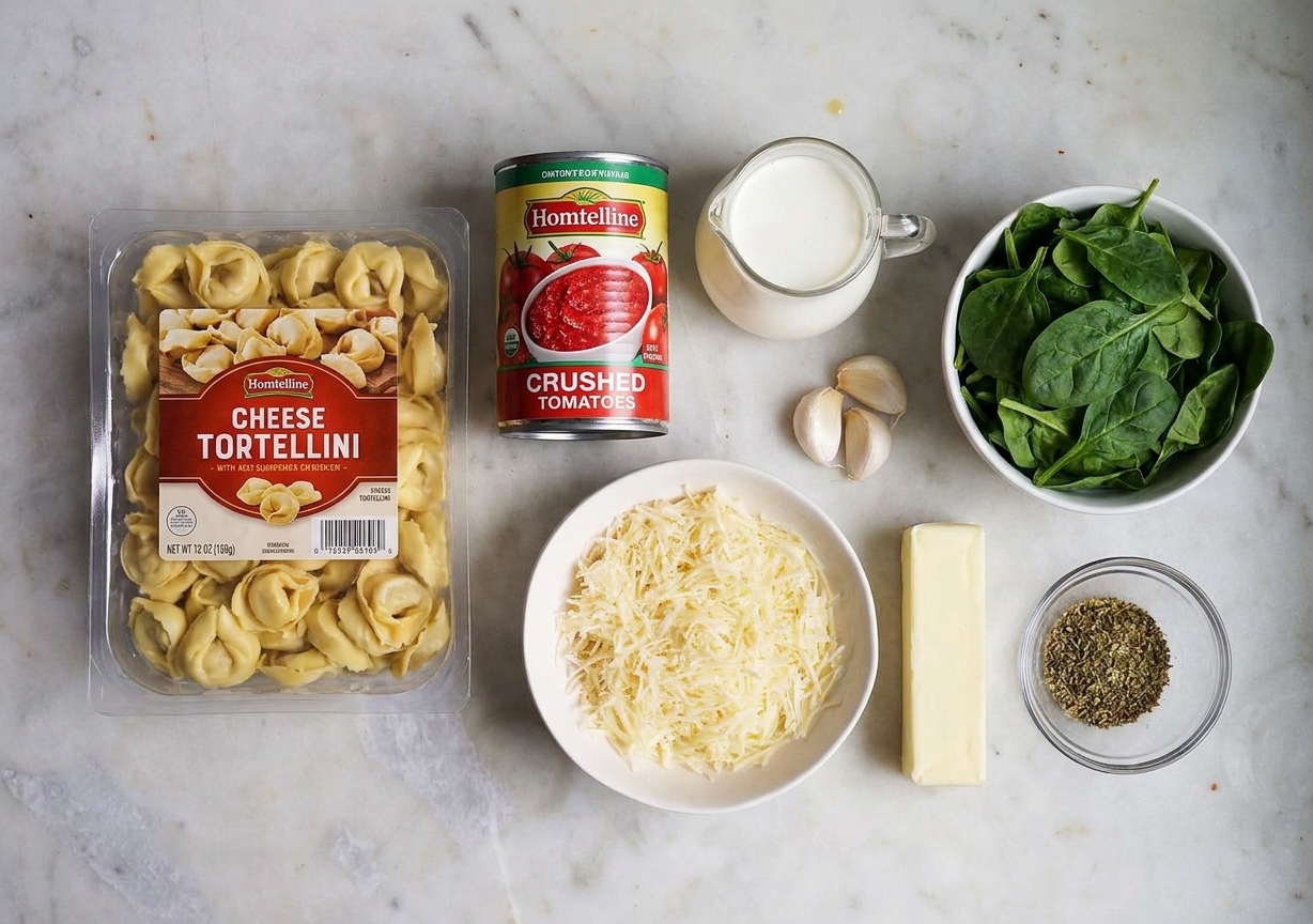 The ingredients for cheese tortellini laid out on a tidy kitchen counter: packaged cheese tortellini, canned crushed tomatoes, cream, garlic, spinach, Parmesan, butter, and seasonings