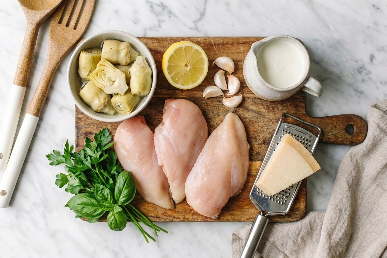 The ingredients for creamy chicken and artichokes arranged on a kitchen counter, including chicken, canned artichoke hearts, lemon, garlic, cream, Parmesan, and fresh herbs