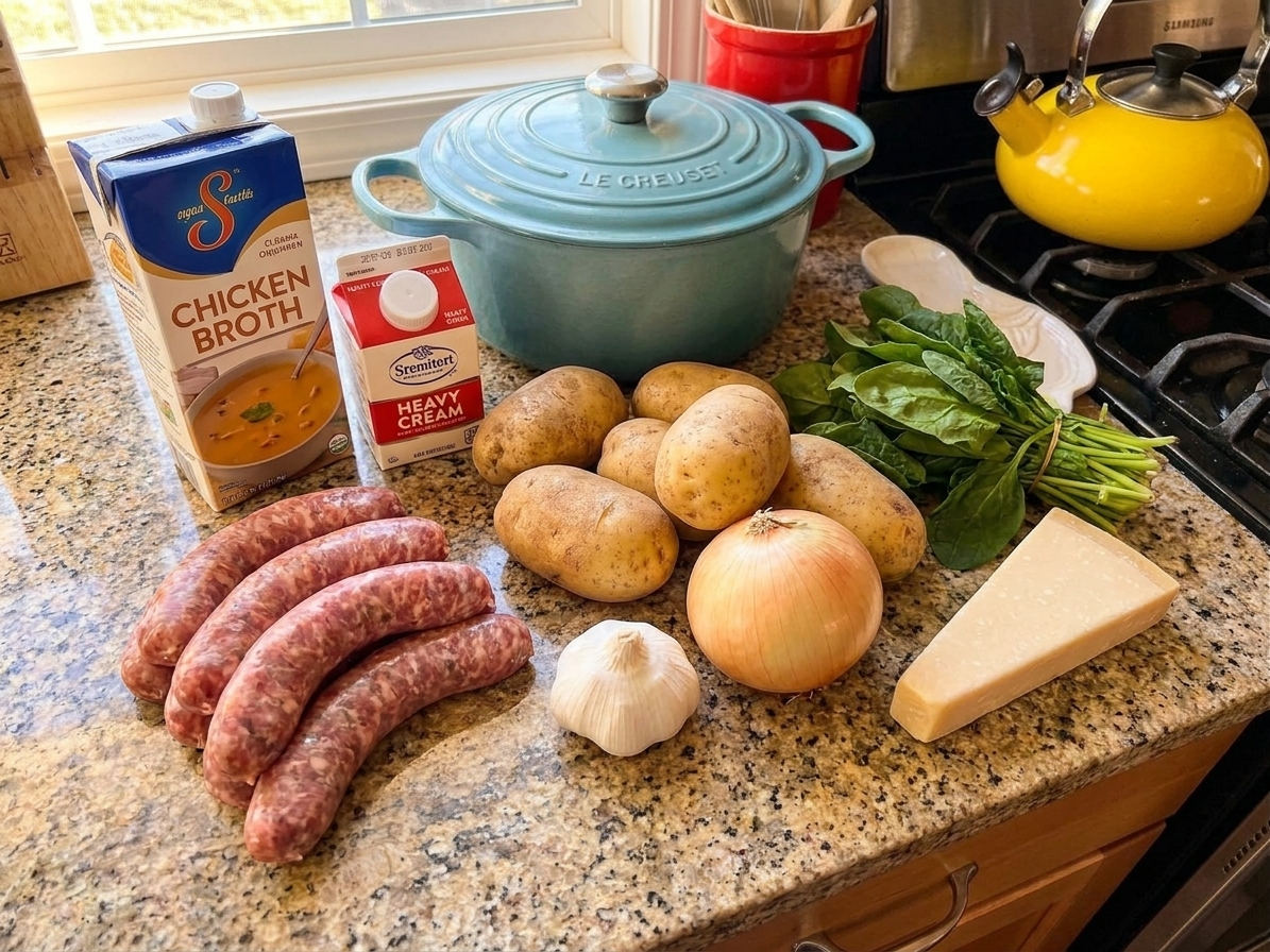 The ingredients for creamy sausage potato soup arranged on a kitchen counter, including Italian sausage, potatoes, onion, garlic, chicken broth, cream, spinach, and parmesan