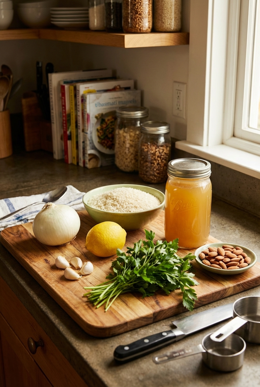 The ingredients for rice pilaf arranged on a kitchen counter including rice, broth, onion, garlic, almonds, lemon, and parsley