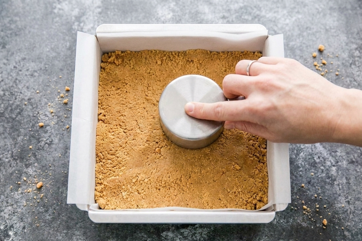The peanut butter graham mixture being pressed evenly into a parchment-lined square pan using the bottom of a measuring cup