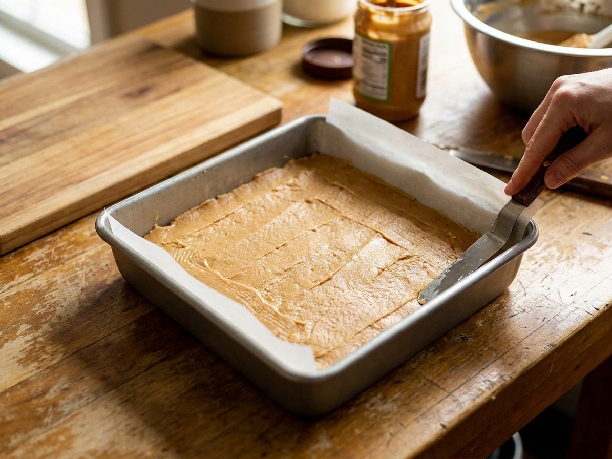 The peanut butter mixture pressed evenly into a parchment-lined square baking pan on a kitchen counter