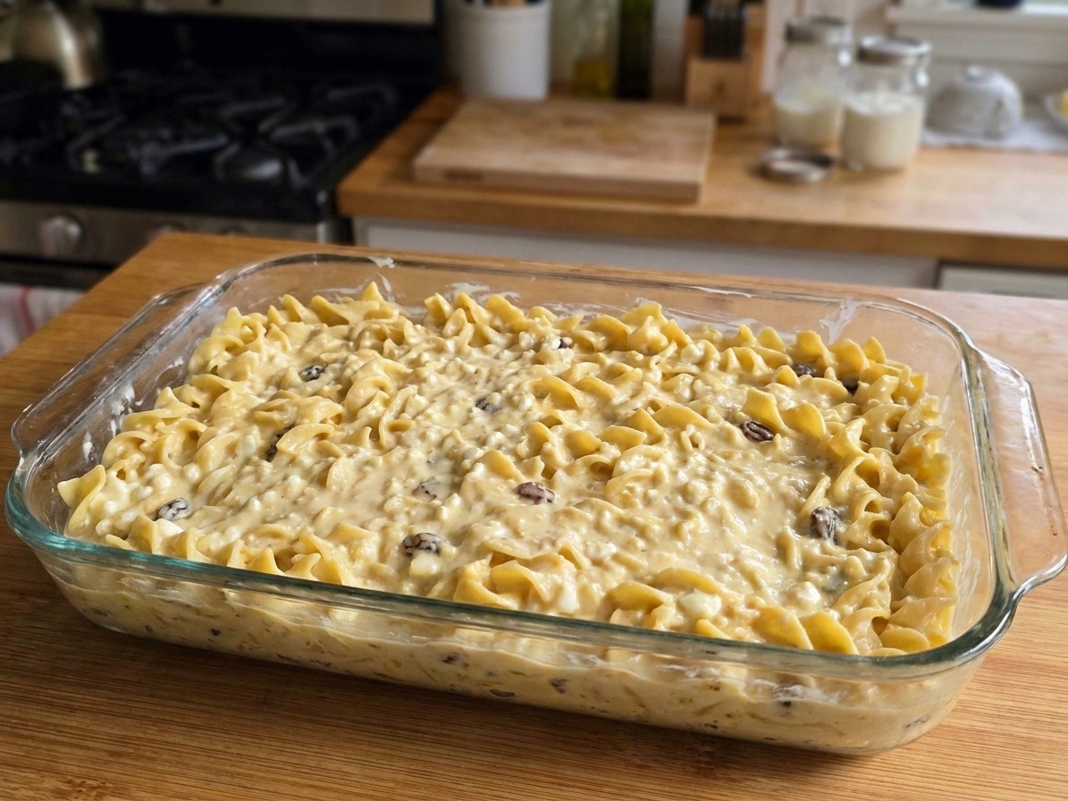 The unbaked noodle kugel mixture spread into a buttered 9x13-inch baking dish before adding the cornflake topping