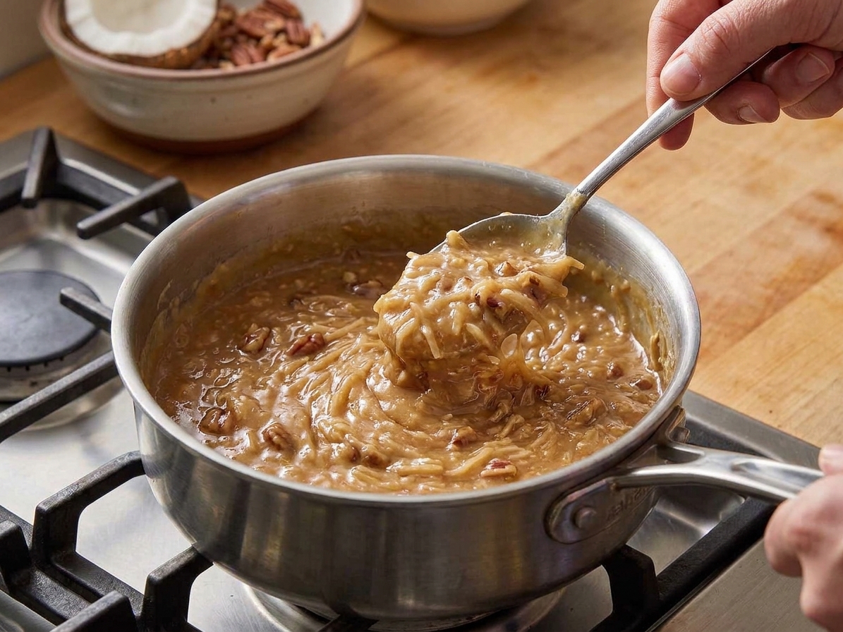 Thick German chocolate icing in a saucepan with visible shredded coconut and chopped pecans, ready to be spread