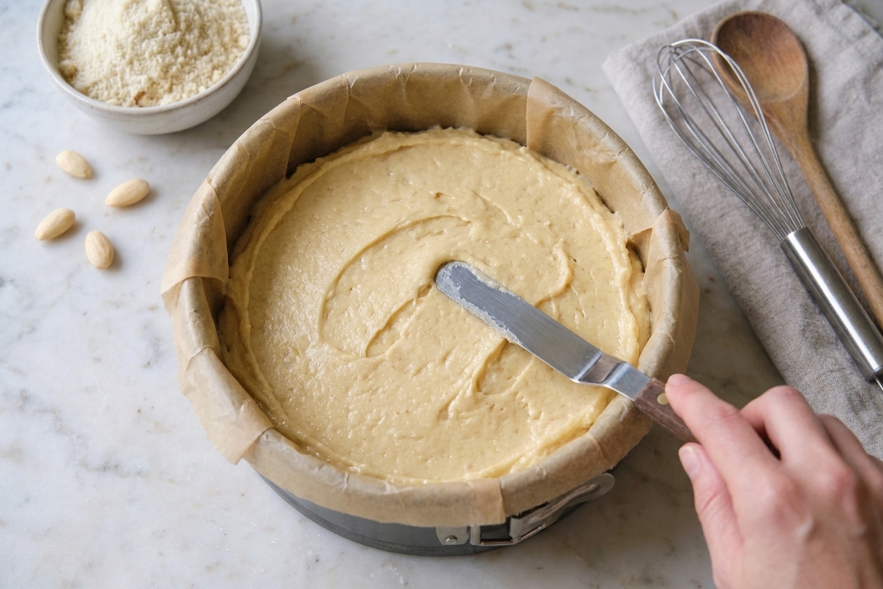 Thick almond cake batter smoothed into a parchment-lined springform pan on a kitchen counter