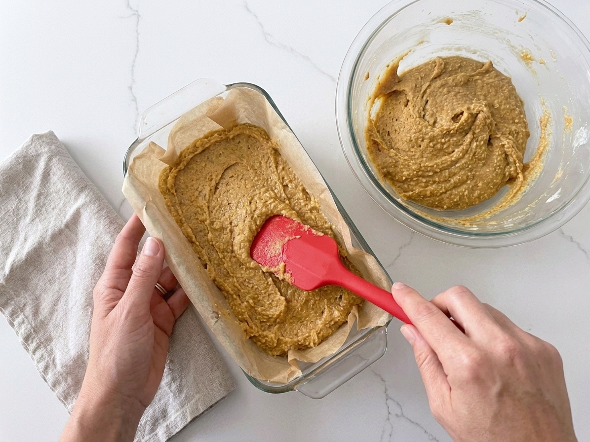 Thick almond flour bread batter being spread into a parchment-lined loaf pan with a rubber spatula on a kitchen counter