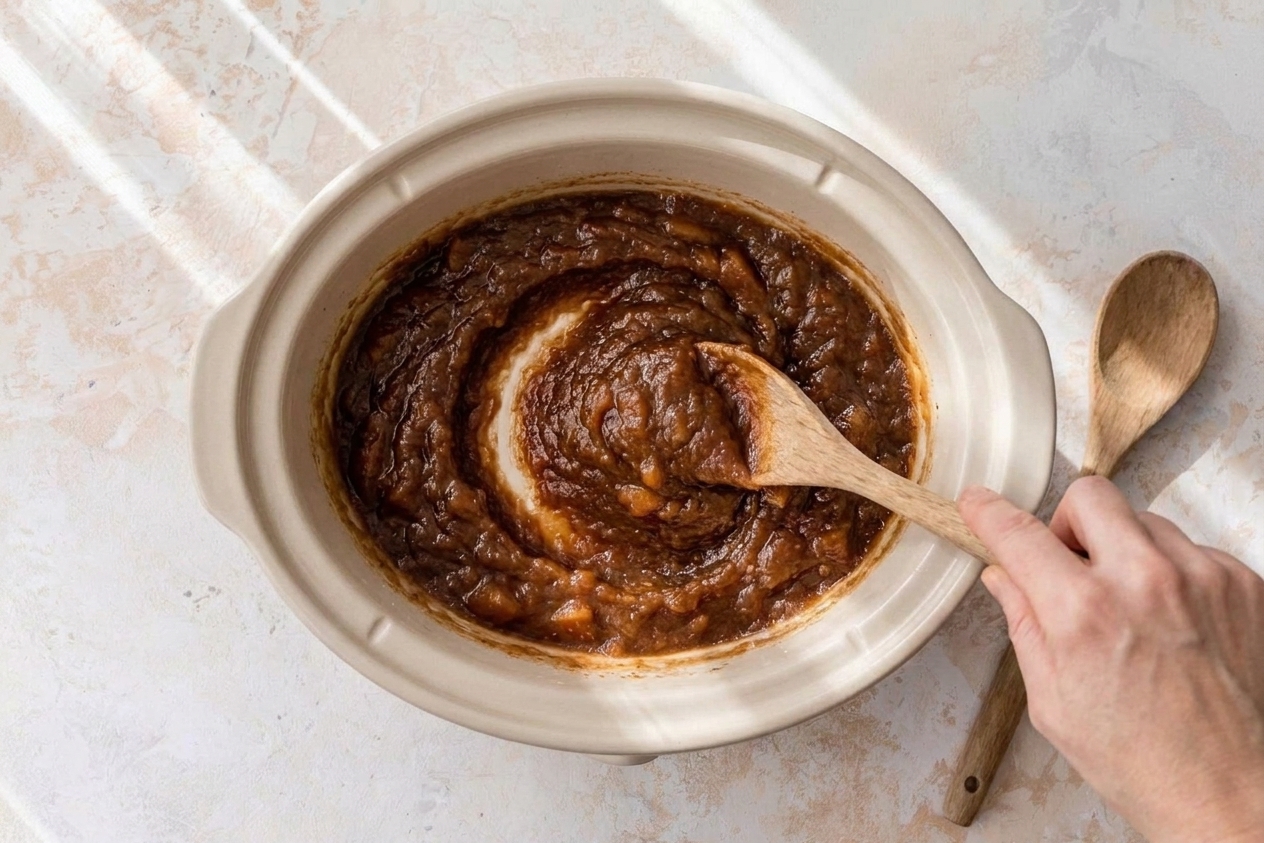 Thick apple butter being stirred with a wooden spoon in a slow cooker, showing a trail left behind in the mixture