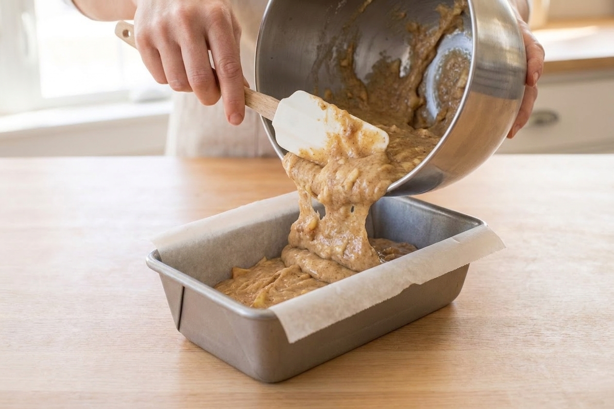 Thick applesauce bread batter being scraped into a parchment-lined loaf pan with a rubber spatula