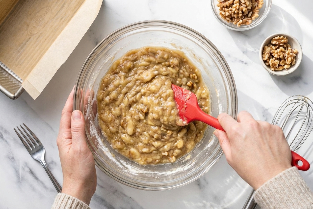 Thick banana bread batter being folded with a rubber spatula in a mixing bowl