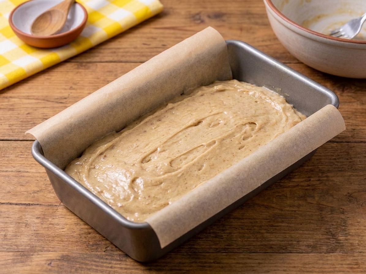 Thick banana bread batter smoothed into a parchment-lined loaf pan on a kitchen counter