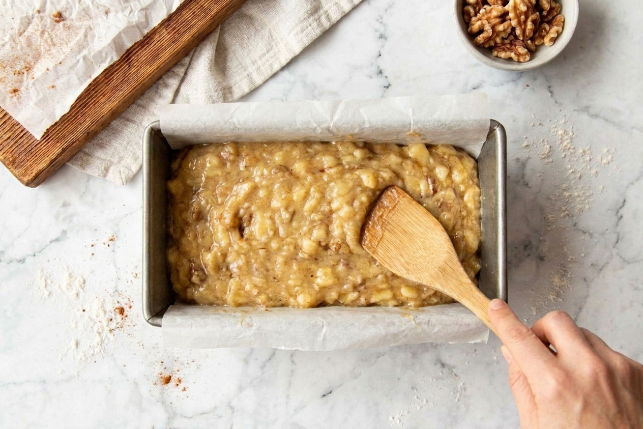 Thick banana bread batter spread in a parchment-lined loaf pan on a kitchen counter
