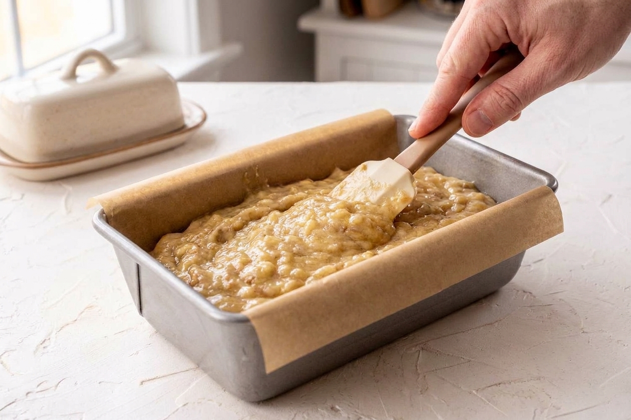 Thick banana bread batter spread into a parchment lined loaf pan before baking
