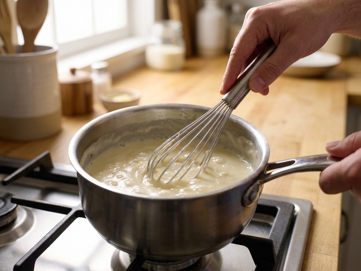 Thick béchamel sauce being whisked in a small stainless saucepan on a stovetop in a bright home kitchen