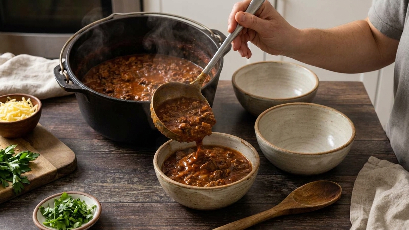 Thick beef chili being ladled from a Dutch oven into ceramic bowls on a kitchen counter