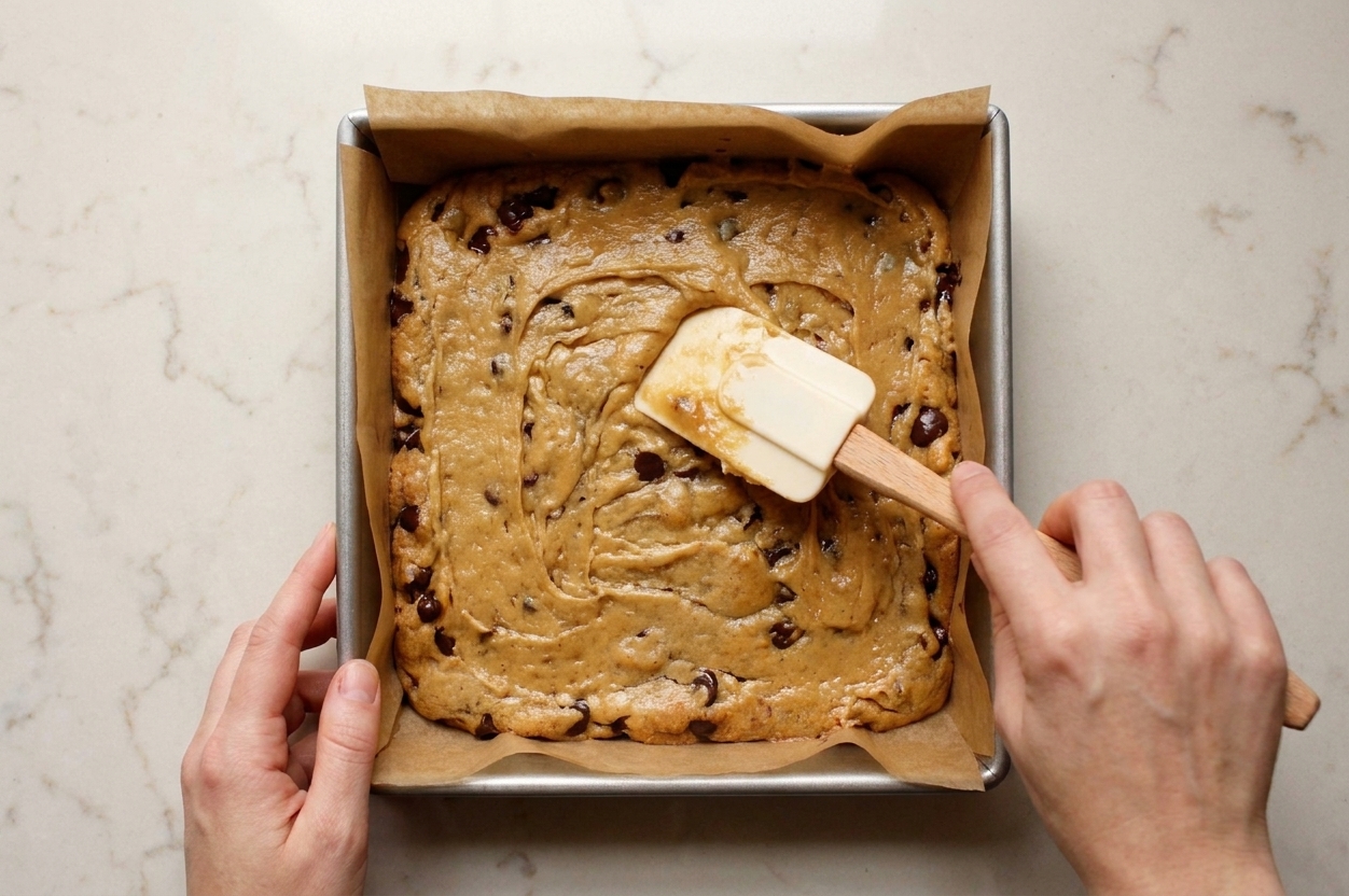 Thick blondie batter being spread evenly into a parchment-lined square baking pan with a rubber spatula on a kitchen counter