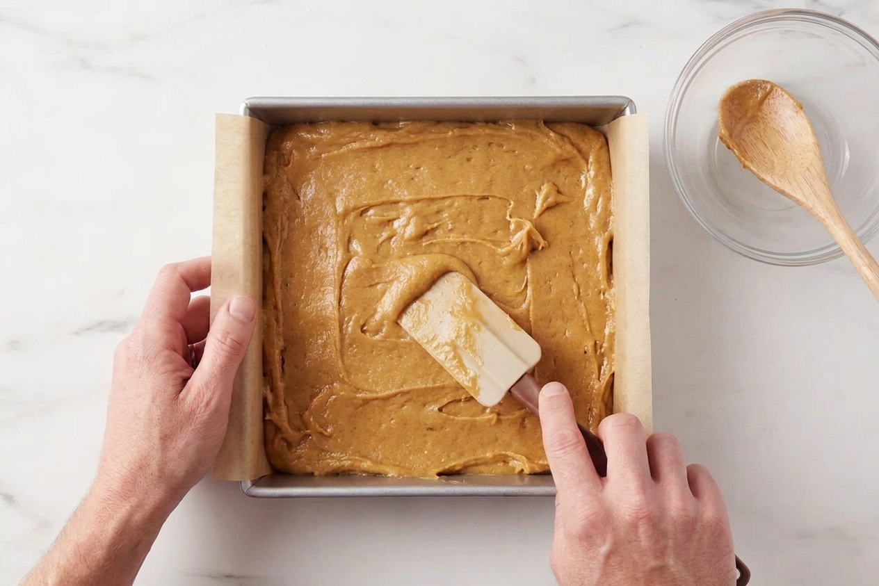 Thick blondie batter spread evenly in a parchment-lined square baking pan on a kitchen counter