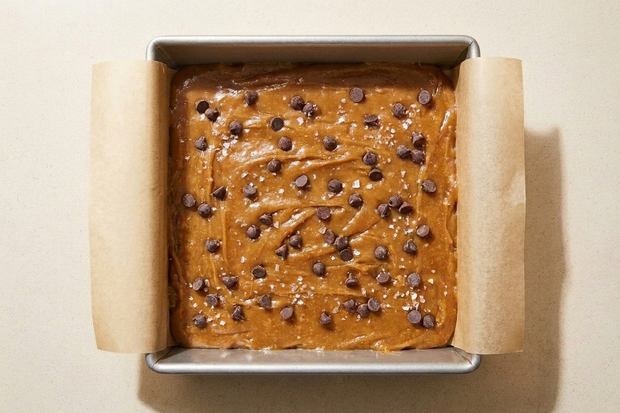 Thick blondie batter spread evenly in a parchment-lined square baking pan before baking