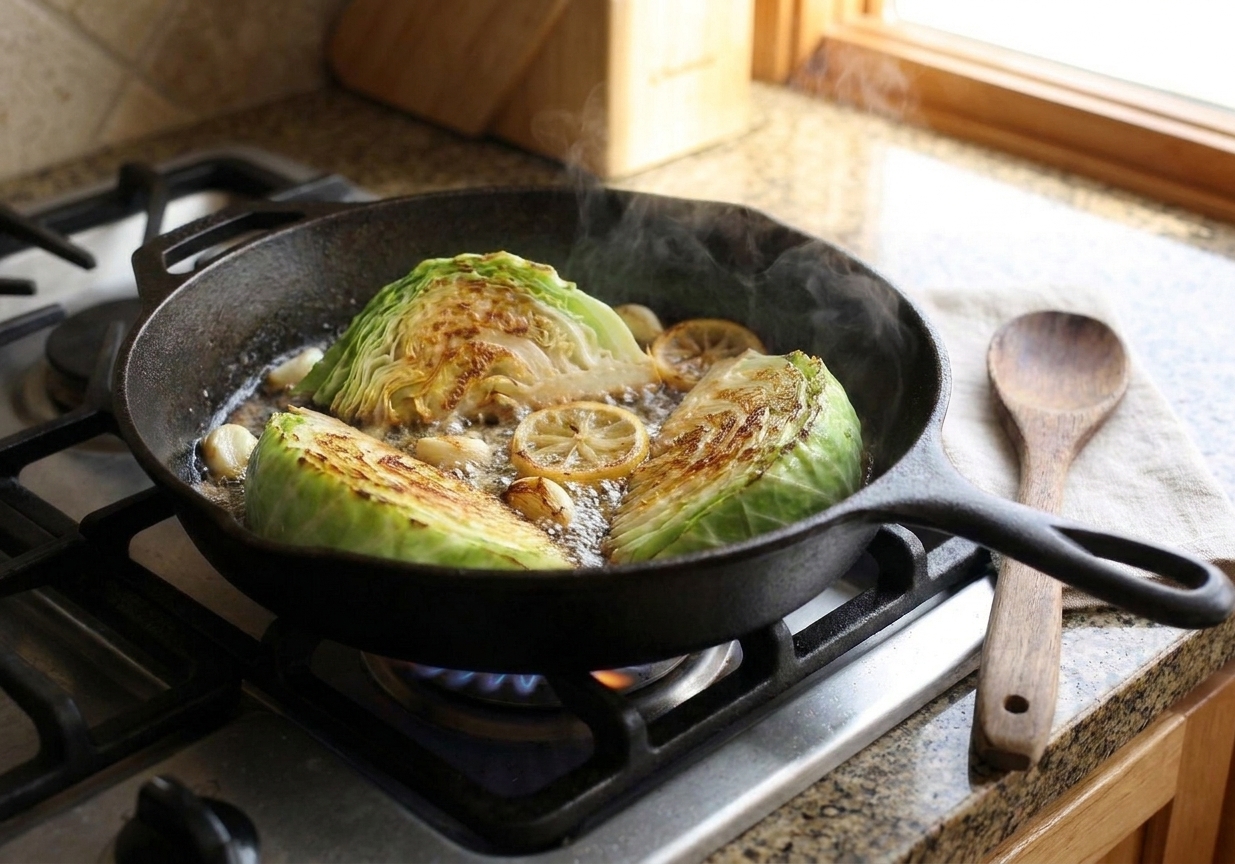 Thick cabbage wedges searing in a hot skillet with deeply browned cut surfaces and sizzling fat around them