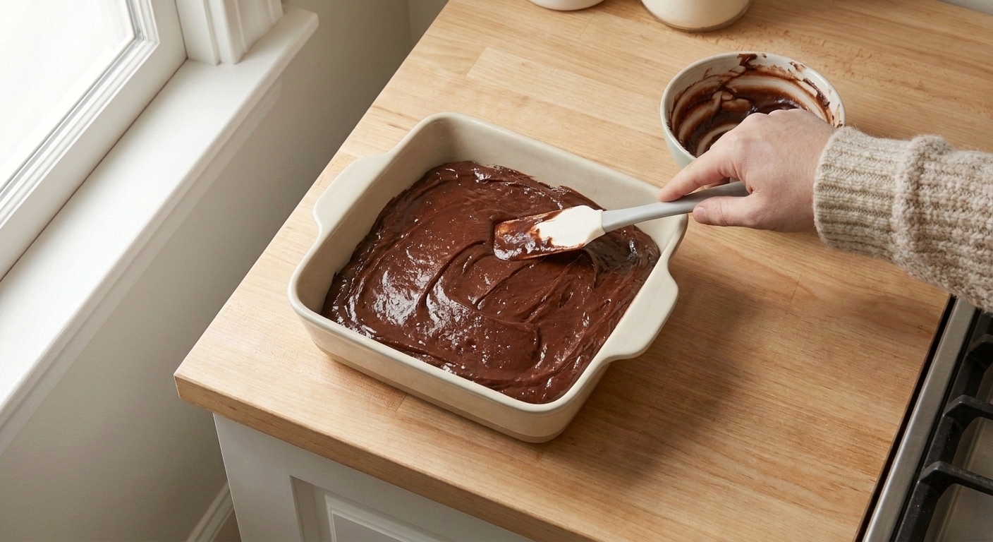 Thick chocolate batter spread in a square baking dish before going into the oven