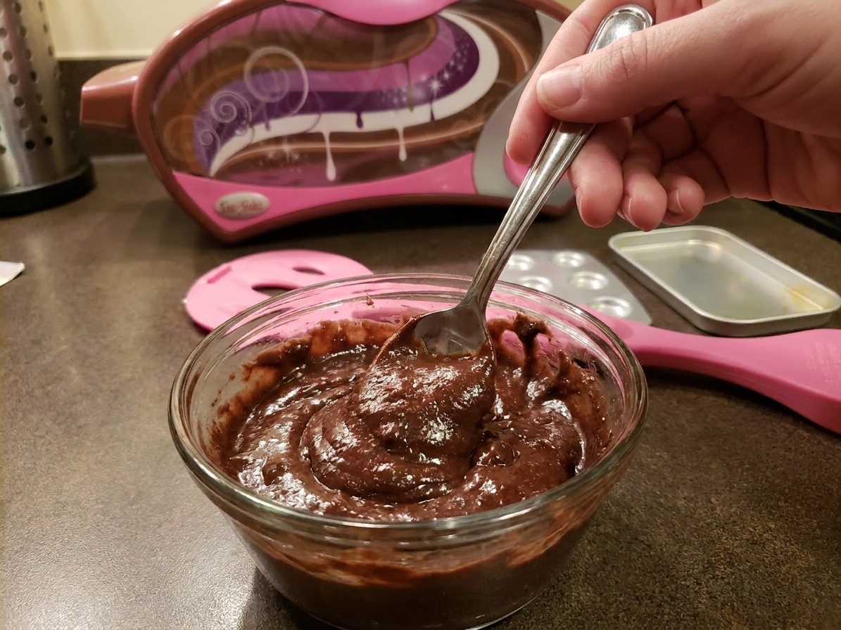 Thick chocolate brownie batter being stirred in a small bowl with a spoon on a kitchen counter