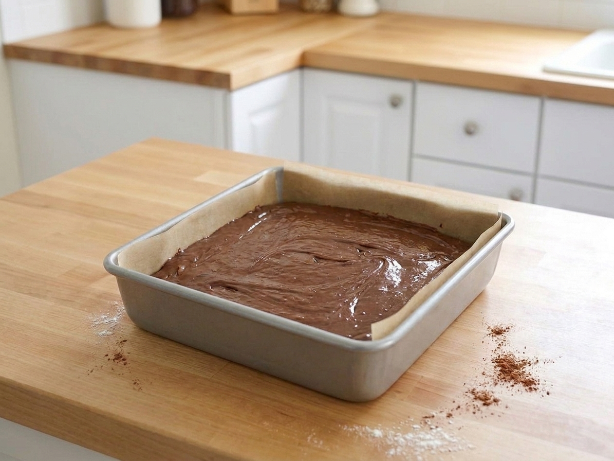 Thick chocolate brownie batter smoothed into a parchment-lined 8x8 metal baking pan on a kitchen counter
