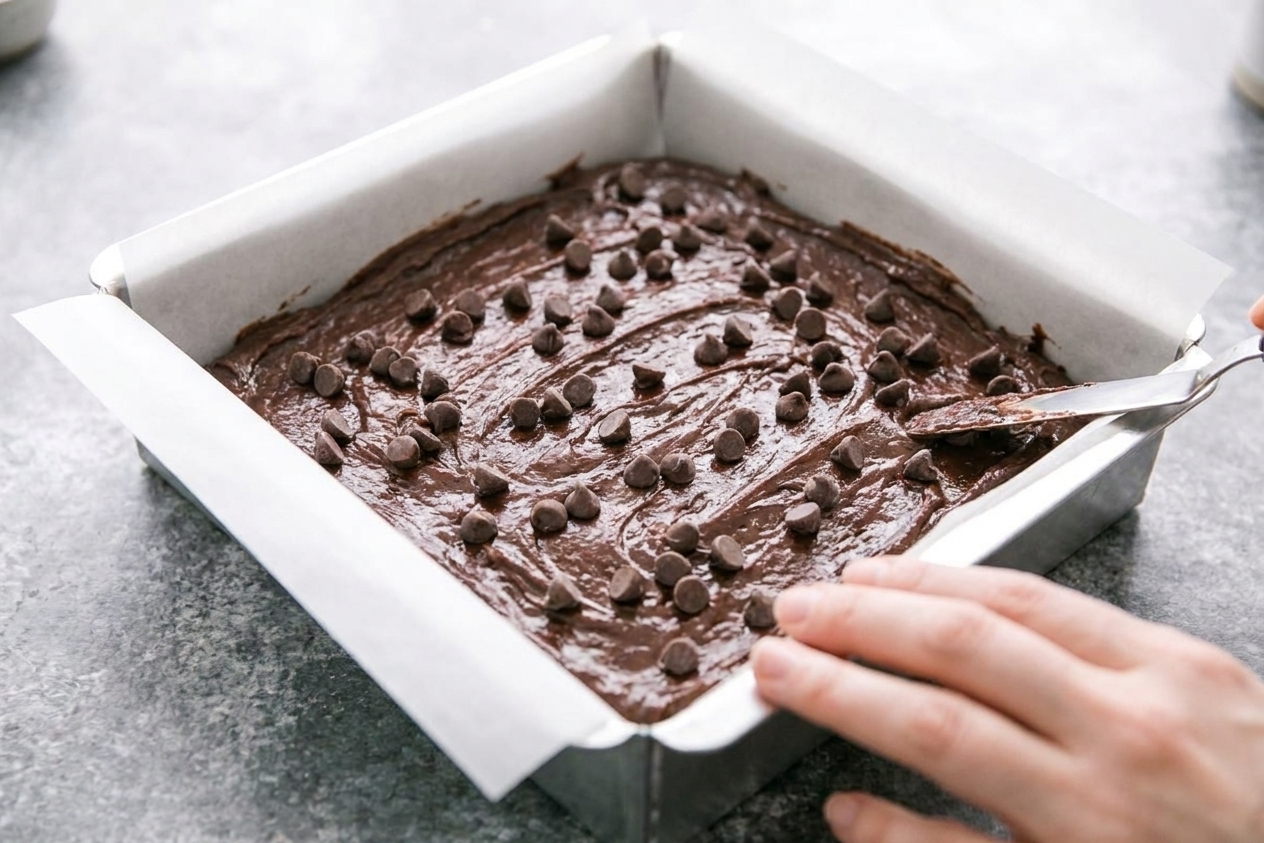 Thick chocolate brownie batter smoothed into a parchment-lined square pan with chocolate chips scattered on top