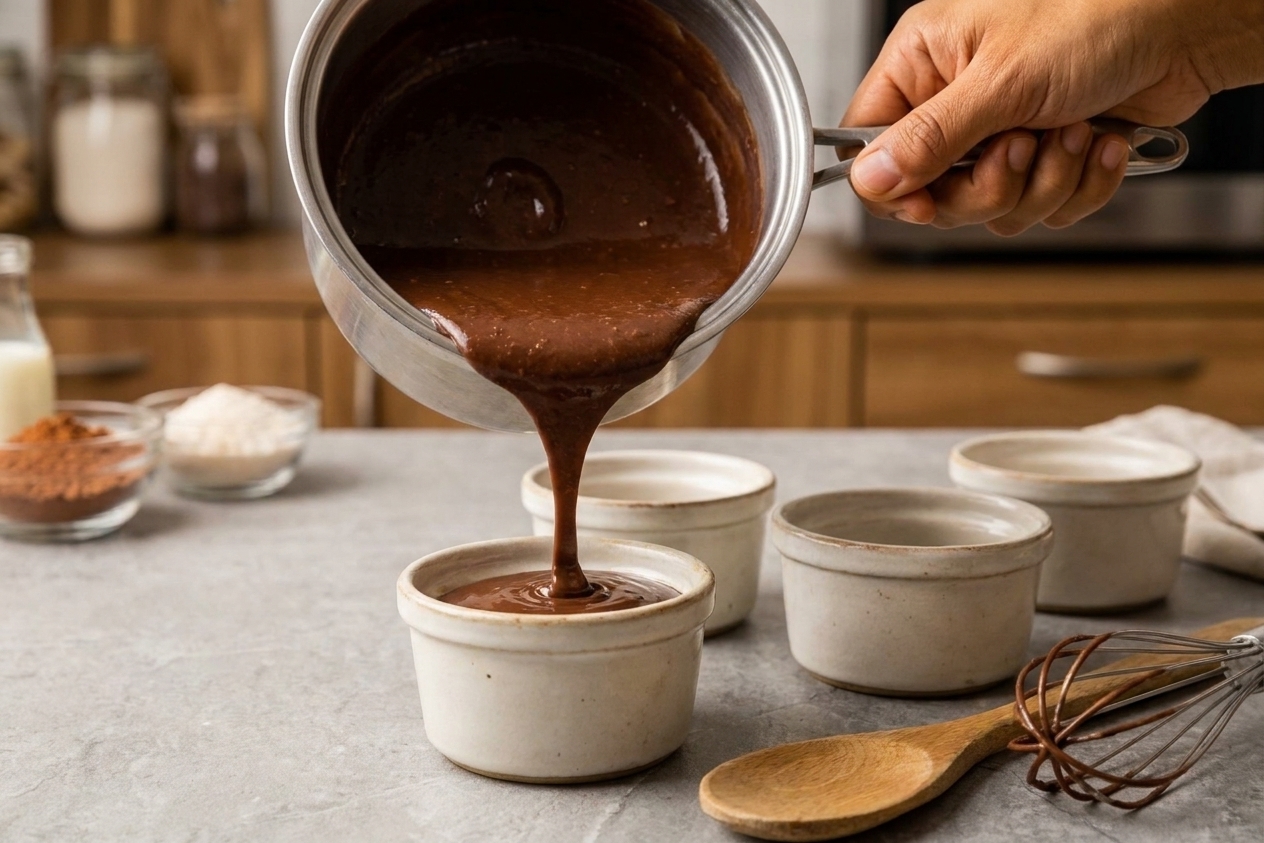 Thick chocolate coco pudding being poured from a saucepan into small ceramic ramekins on a kitchen counter.