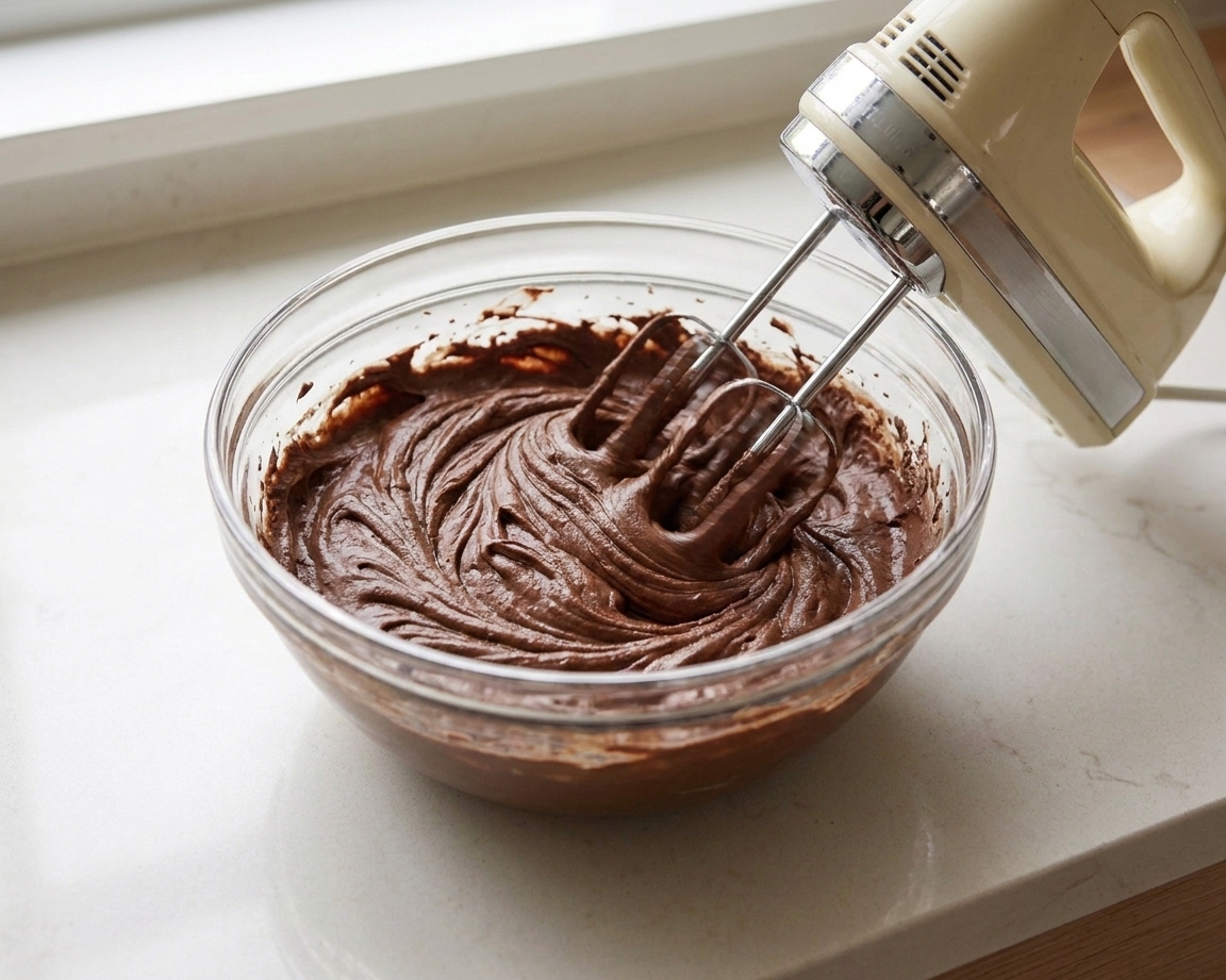 Thick chocolate frosting being whipped in a mixing bowl, with soft ridges forming as the beaters move through it